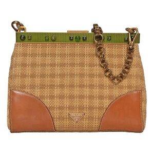Prada Tan and Green Woven Shoulder Bag with Gold Chain